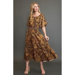 NWT Umgee World Map Print Puff Sleeve Smocked Midi Dress Large Boho Prairie